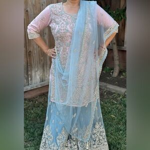 Heavy Sharara baby pink and baby blue outfit. Will fit up to 42 bust size.
